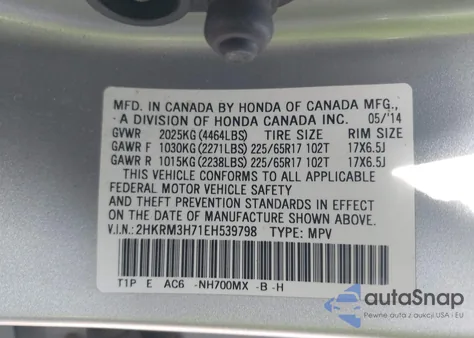 2014 Honda Cr-V Ex-L from USA, damaged, VIN 2HKRM3H71EH539798